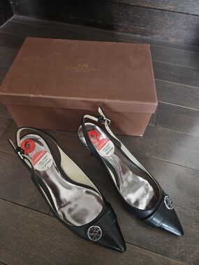 Coach Black Leather Pointed Slingback Heels with Silver Logo